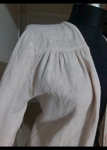 Bej Uzun Kollu Kadın Keten Ceket - Görsel 2