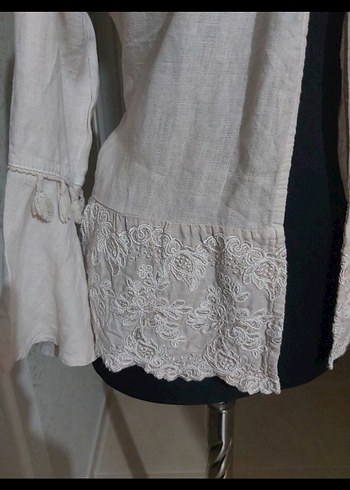 Bej Uzun Kollu Kadın Keten Ceket - Görsel 4