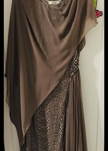 Bej Yılan Desenli Drapeli Uzun Abiye Elbise - Görsel 7