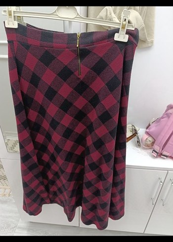 Diğer Bordo Ekose Desenli Midi Etek