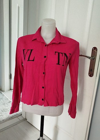 Renkli Baskılı Pembe Uzun Kollu Gömlek