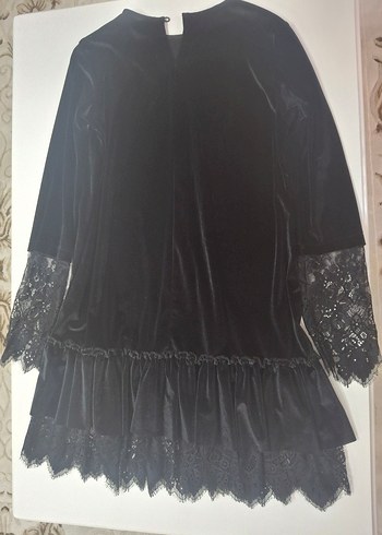 siyah kadife dantel detaylı mini elbise - Görsel 4