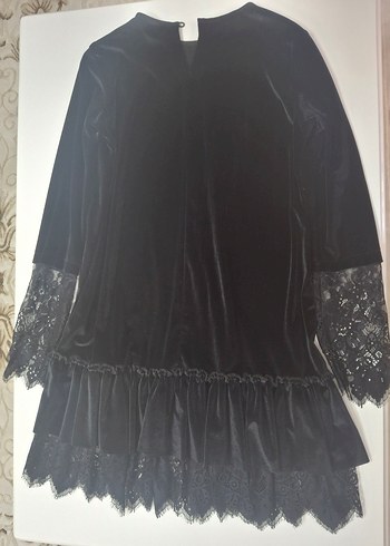 siyah kadife dantel detaylı mini elbise - Görsel 6