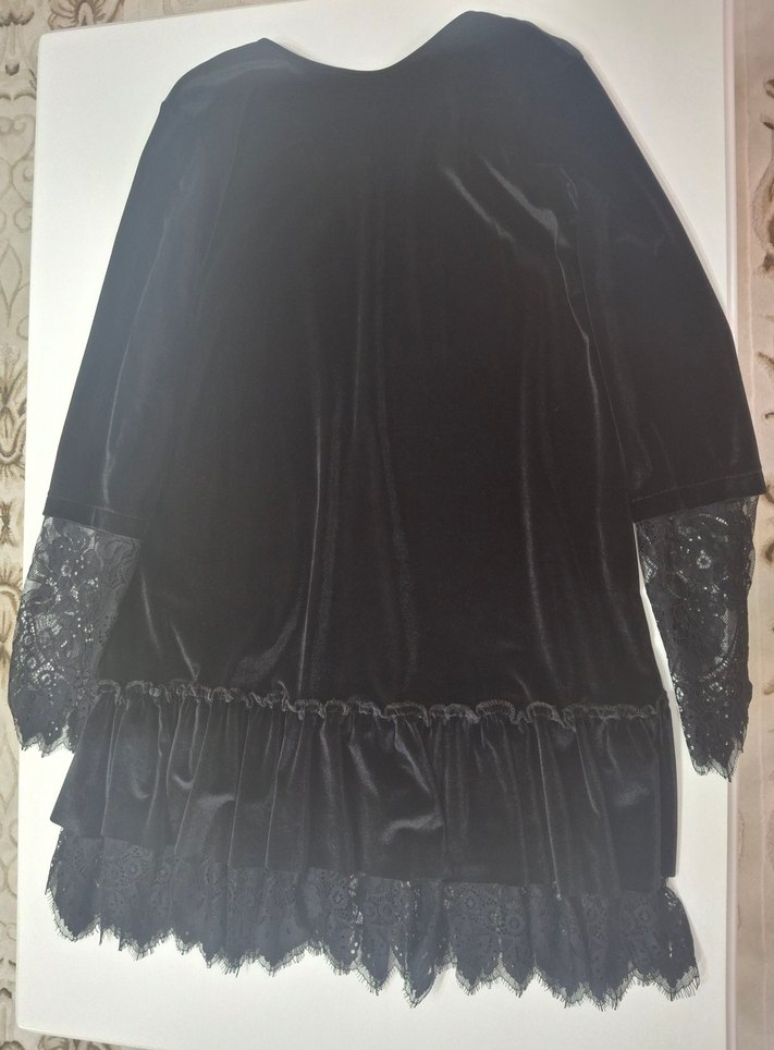 siyah kadife dantel detaylı mini elbise - Görsel 3