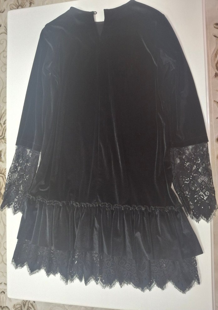 siyah kadife dantel detaylı mini elbise - Görsel 4