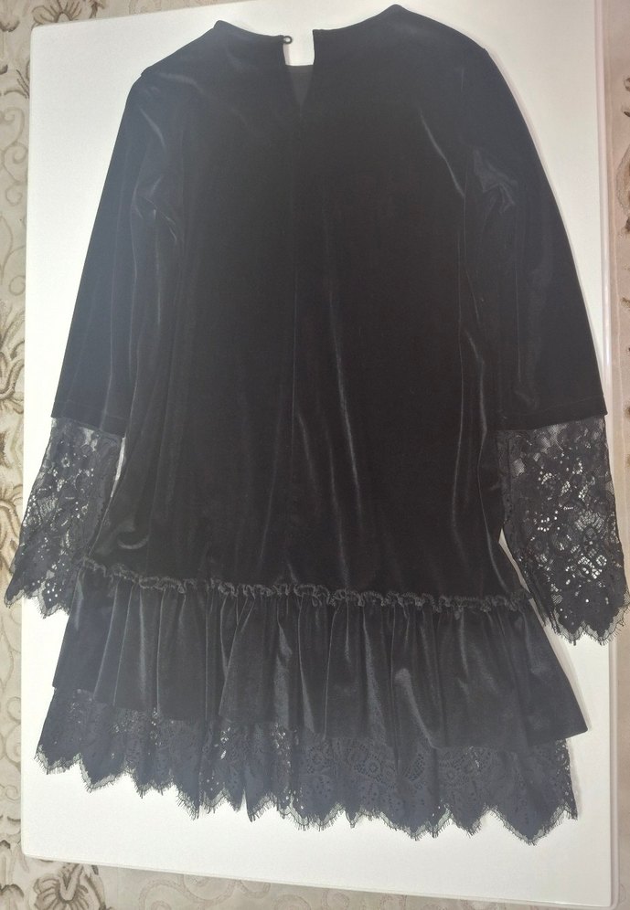 siyah kadife dantel detaylı mini elbise - Görsel 5