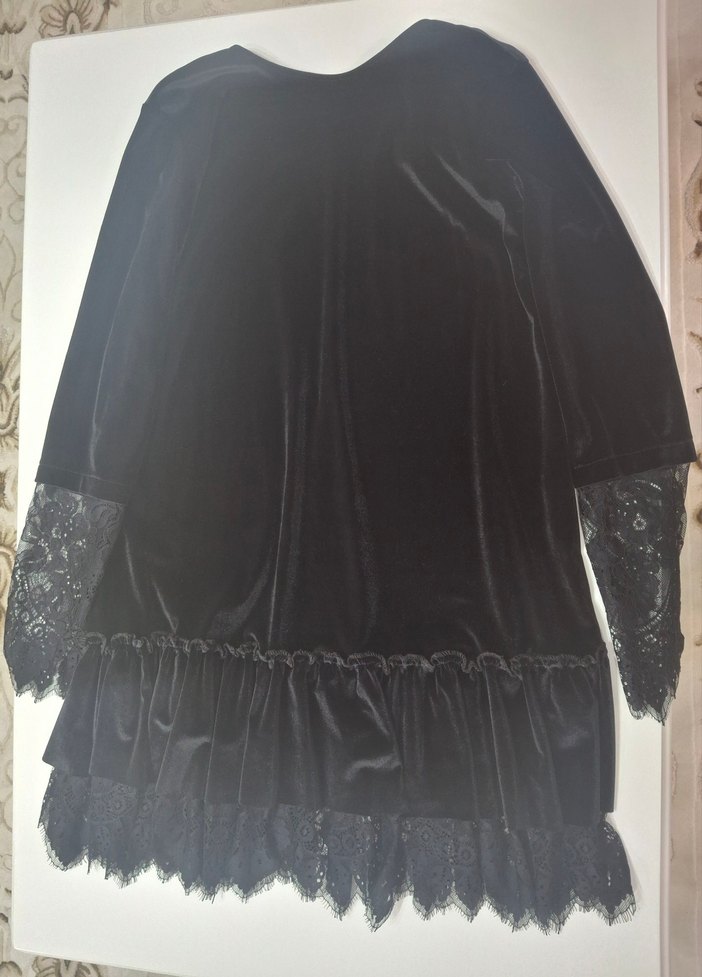 siyah kadife dantel detaylı mini elbise - Görsel 2