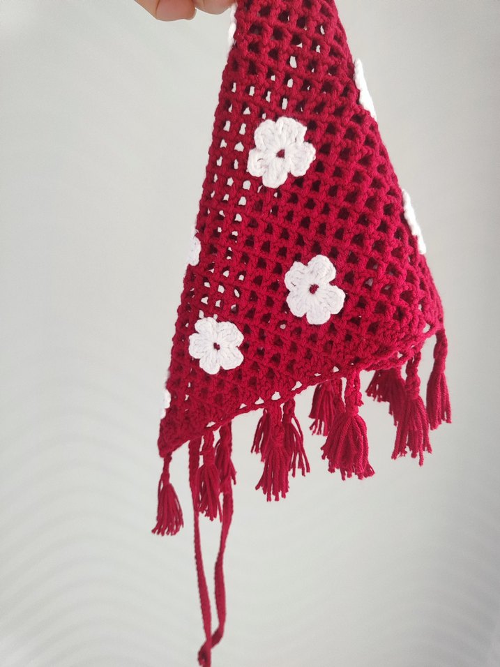 Güpür Detaylı Kırmızı Örgü Bohem Saç Bandı - Görsel 3