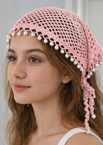 İnci Detaylı Pembe Dantel Bohem Bandana - Görsel 2