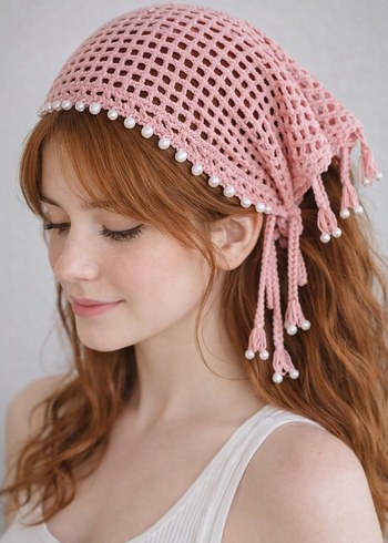 İnci Detaylı Pembe Dantel Bohem Bandana - Görsel 7