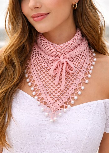 İnci Detaylı Pembe Dantel Bohem Bandana - Görsel 6