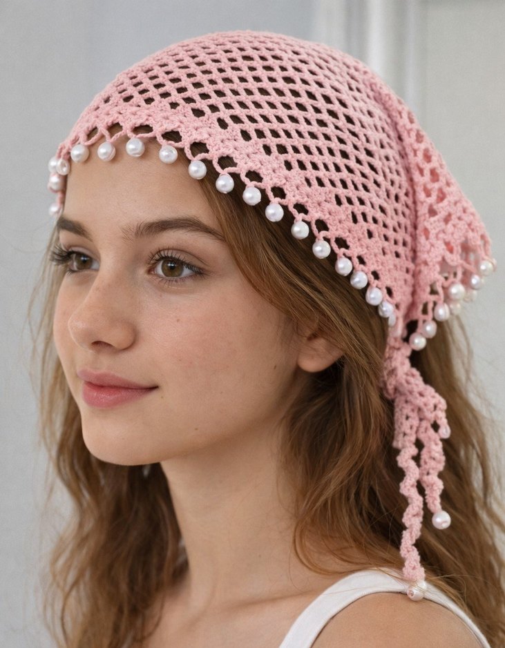 İnci Detaylı Pembe Dantel Bohem Bandana - Görsel 2