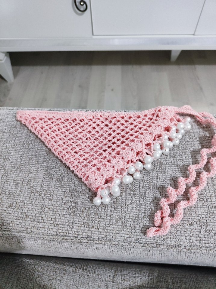 İnci Detaylı Pembe Dantel Bohem Bandana - Görsel 4