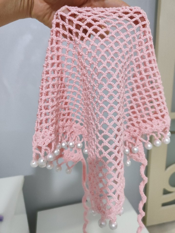 İnci Detaylı Pembe Dantel Bohem Bandana - Görsel 3