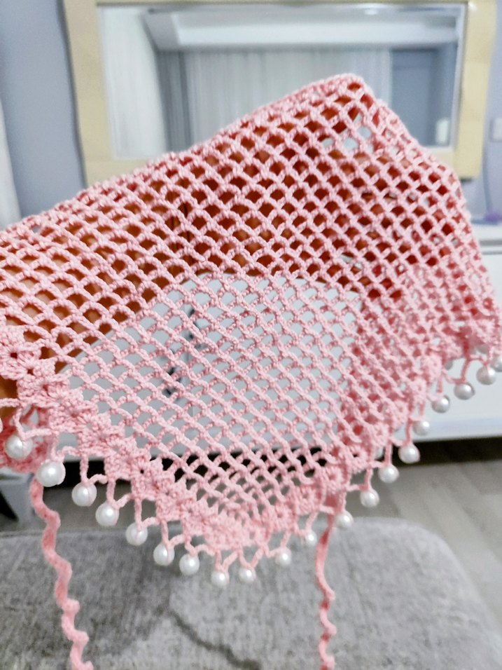 Dantel Detaylı Pembe Bohem Örgü Saç Bandanası - Görsel 2