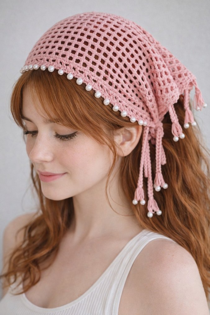 Dantel Detaylı Pembe Örgü Bohem Saç Bandı - Görsel 3