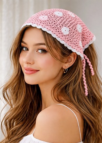 Dantel Detaylı Pembe Triko Bohem Fular - Görsel 2