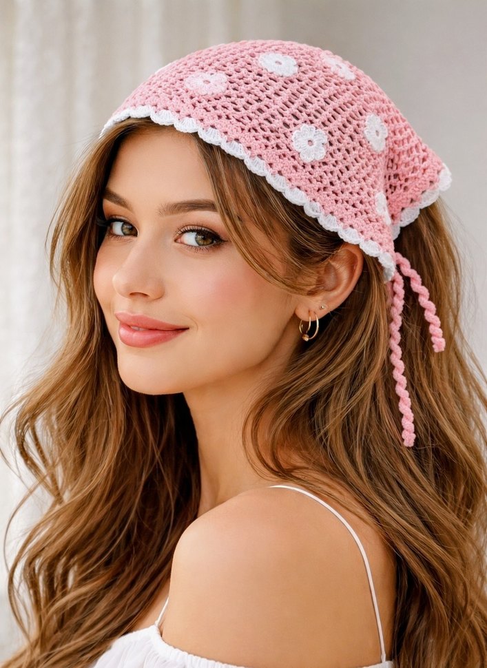 Dantel Detaylı Pembe Triko Bohem Fular - Görsel 2