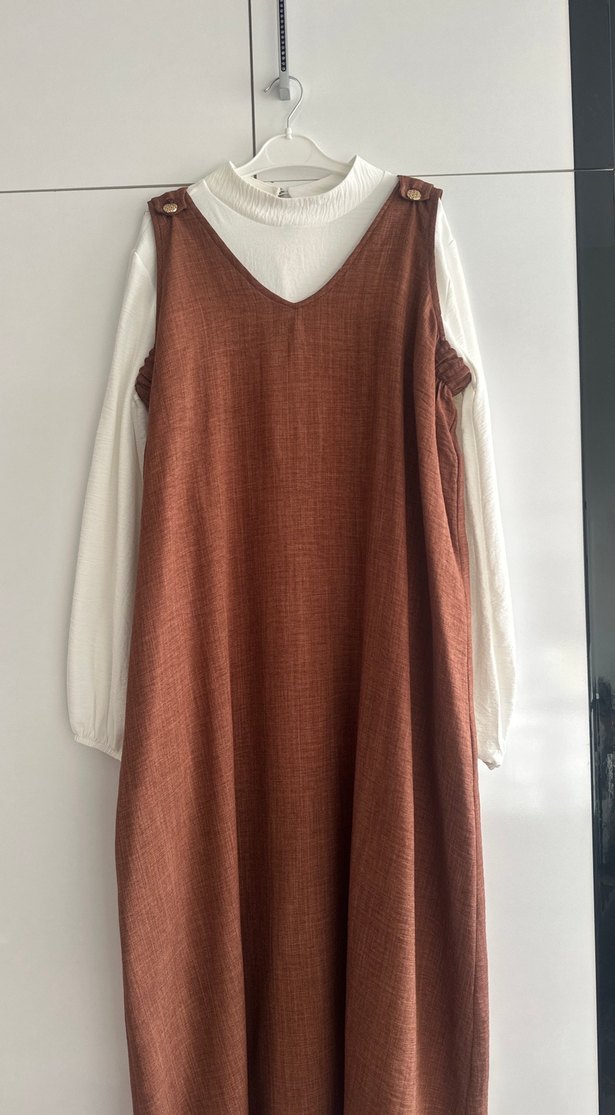 Kadın Kahverengi Uzun Keten Elbise - Görsel 2