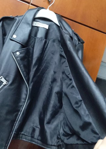 l Beden Siyah Deri Biker Kadın Ceket