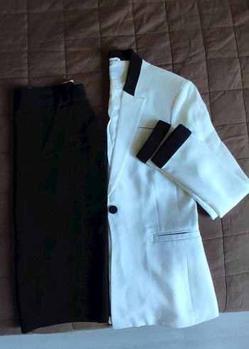 36 Beden beyaz Renk Düğmeli Beyaz Kadın Blazer Ceket ve etek takım elbise