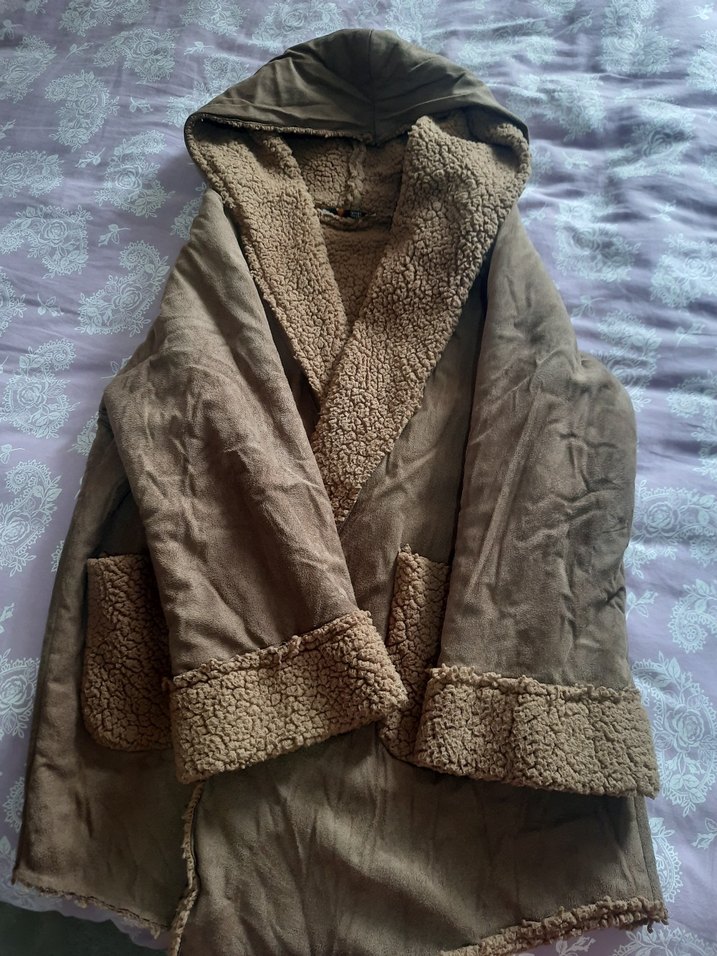 Kahverengi Süet Kadın Ceket Kürklü Midi Boy - Görsel 4