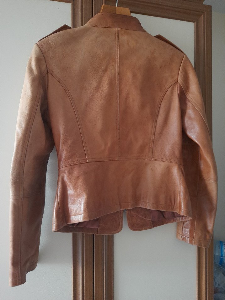 Kahverengi 100 % Deri Biker Ceket - Görsel 2