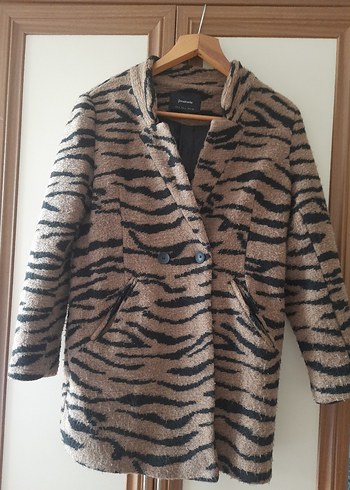 Zebra Desenli Kahverengi Kadın Midi Kaban - Görsel 3