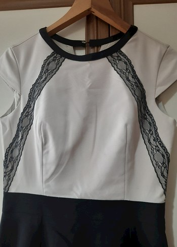 Dantel Detaylı Siyah Beyaz Midi Elbise - Görsel 3