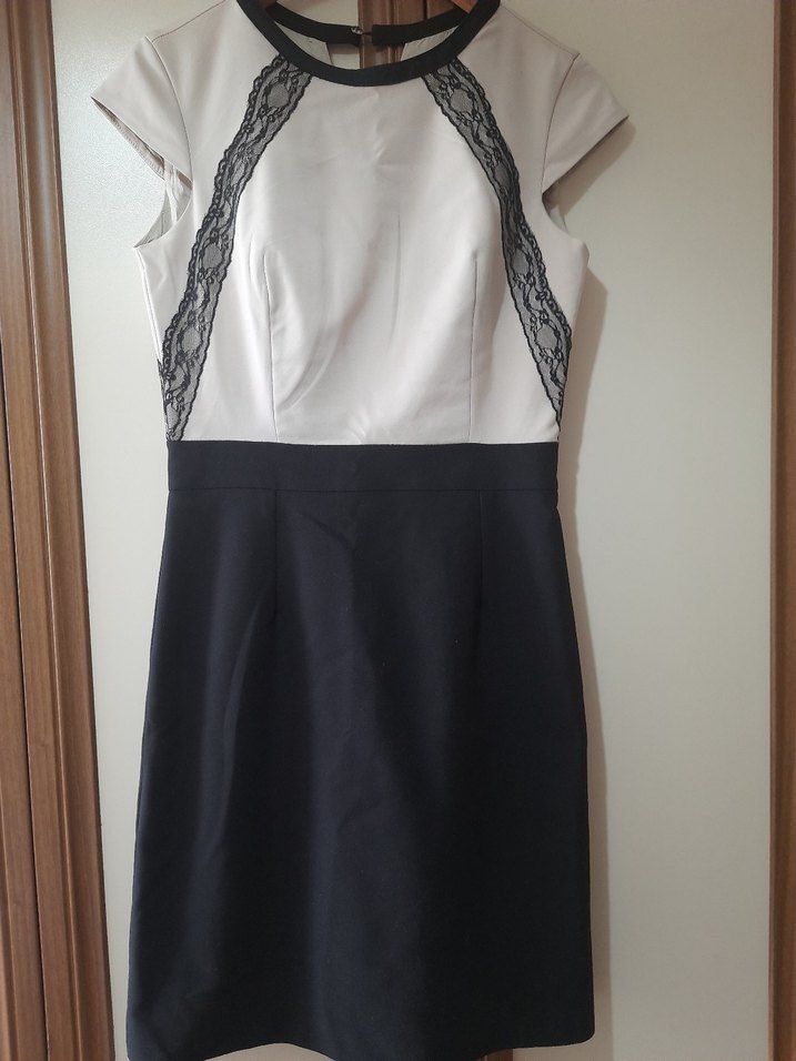 Dantel Detaylı Siyah Beyaz Midi Elbise - Görsel 2