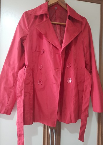 Düğmeli kırmızı Kadın Trençkot - Görsel 5