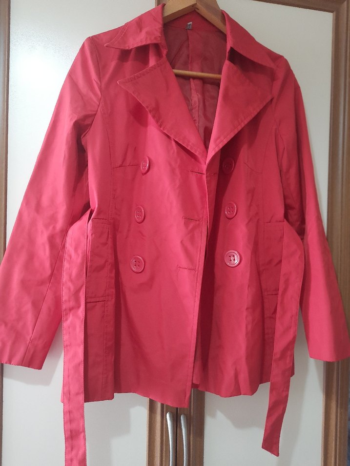 Düğmeli kırmızı Kadın Trençkot - Görsel 5