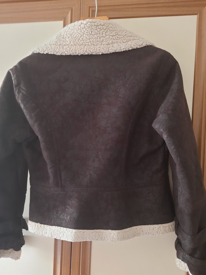 Kürk Detaylı Deri görünümlü nubuk Kadın Ceket - Görsel 4