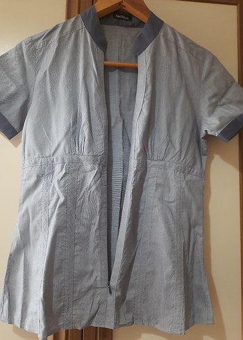 Düğmeli V Yaka Gri Keten Kadın Gömlek - Görsel 4
