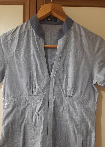 Düğmeli V Yaka Gri Keten Kadın Gömlek - Görsel 2