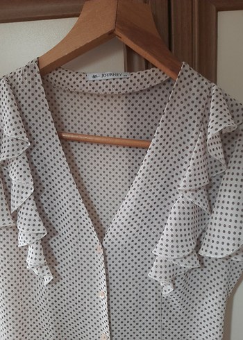 V Yaka Düğmeli Bohem Puantiyeli Bluz - Görsel 2