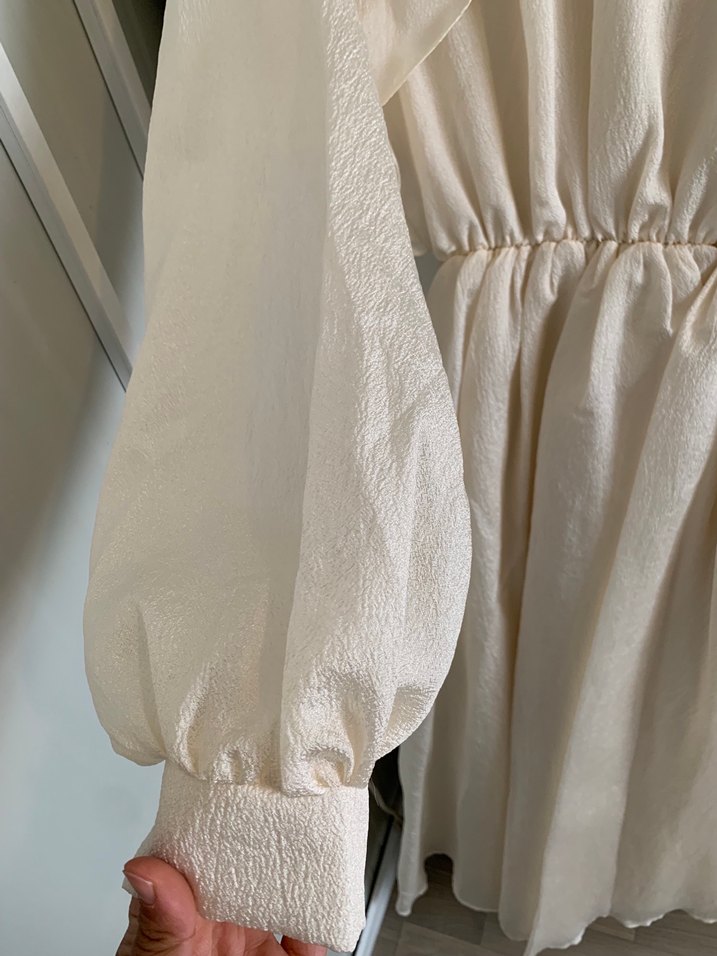 Uzun Kollu Beyaz Keten Bohem Elbise - Görsel 3