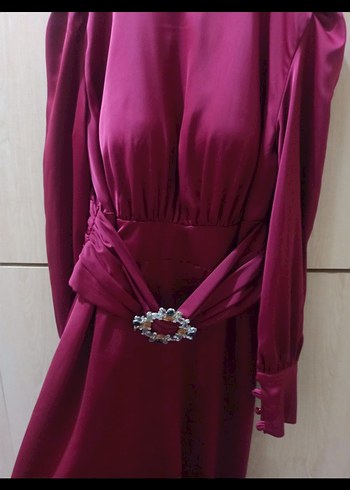 Bordo Uzun Kollu Drapeli Abiye Elbise - Görsel 5