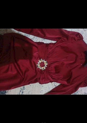 Bordo Uzun Kollu Drapeli Abiye Elbise - Görsel 6