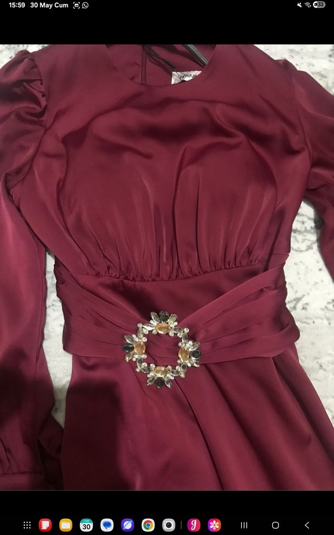 Bordo Uzun Kollu Drapeli Abiye Elbise - Görsel 4