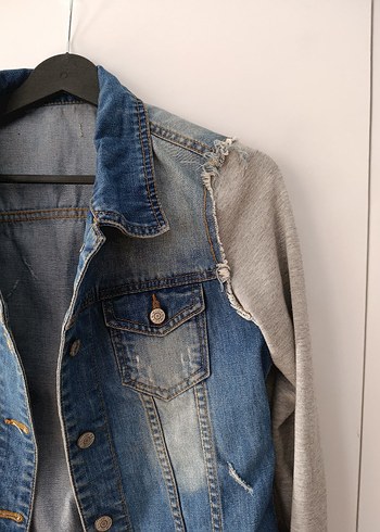 s Beden Düğmeli Gri Denim Ceket