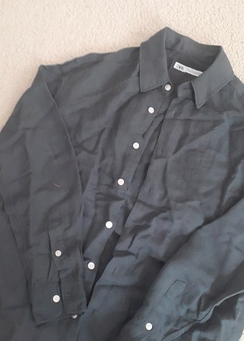 koyu yeşil Keten Düğmeli Kısa Kollu Gömlek - Görsel 2