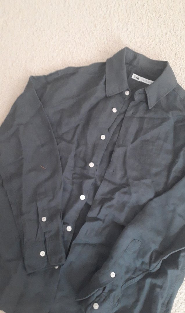 koyu yeşil Keten Düğmeli Kısa Kollu Gömlek - Görsel 2