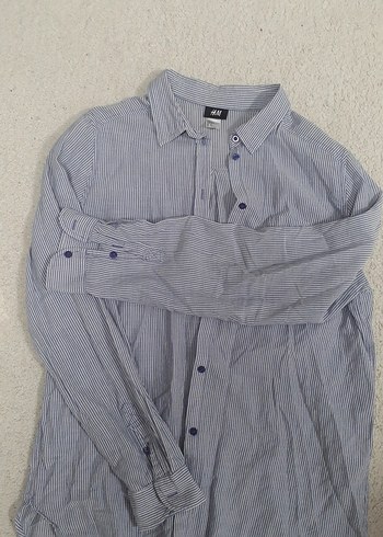 HM Mavi Çizgili Uzun Kollu pamuklu kumaş Gömlek - Görsel 2