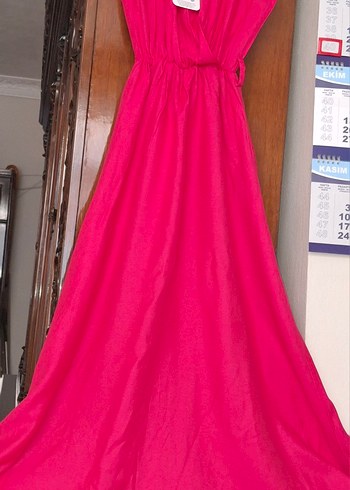 Pembe Drapeli Uzun İpek Elbise