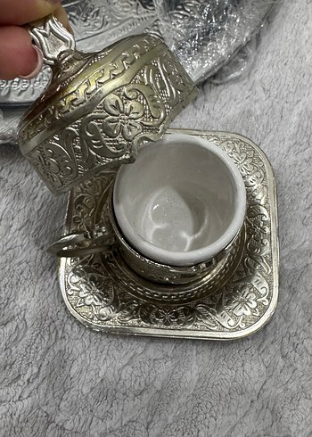 Gümüş renkli işlemeli kapaklı fincan seti 6 kişilik - Görsel 3
