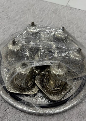 Gümüş renkli işlemeli kapaklı fincan seti 6 kişilik - Görsel 6