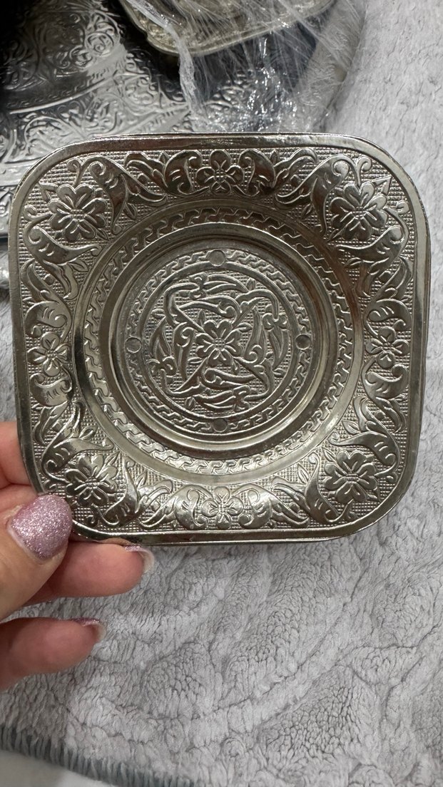 Gümüş renkli işlemeli kapaklı fincan seti 6 kişilik - Görsel 4