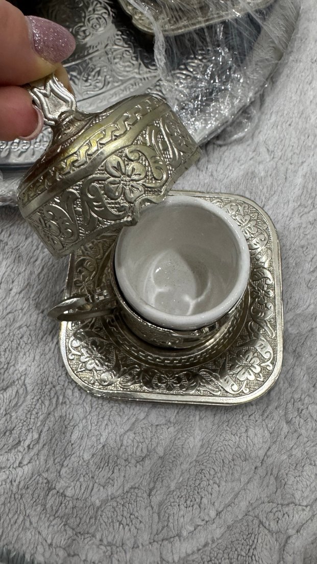 Gümüş renkli işlemeli kapaklı fincan seti 6 kişilik - Görsel 3