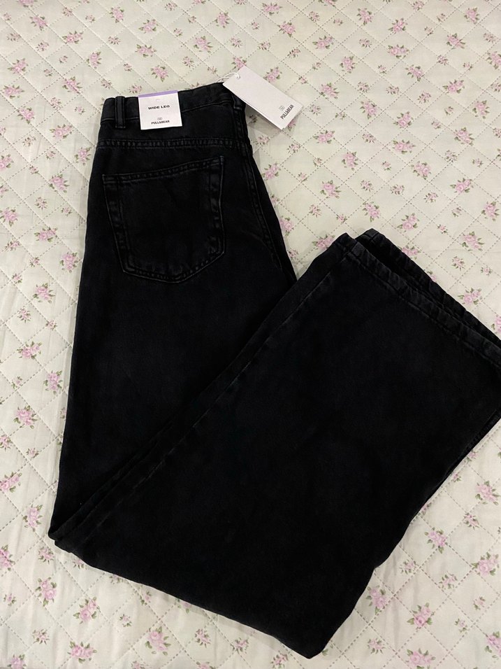 Siyah Geniş Paça Kadın Kot Pantolon - Görsel 2